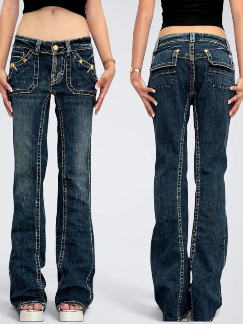 VTG Japanese Archival Happy Face Bobson Low Rise Flare Jeans | Multi-pocket Util